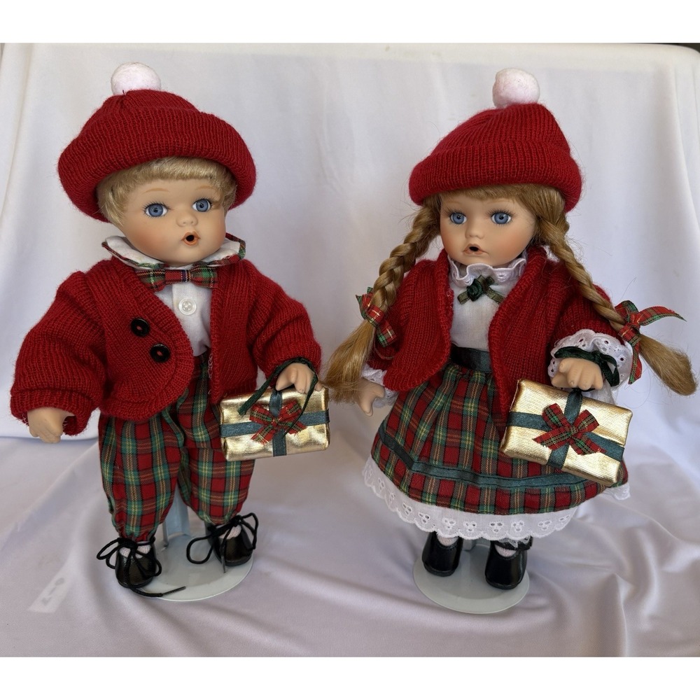 VTG 1997 Seymour Mann Christmas Porcelain Dolls Set Boy&Girl Gift Holiday Decor